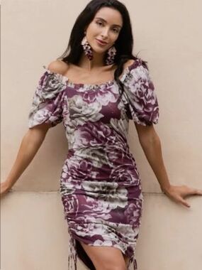 Mia Joy By Joyfolie Mauve Cream Floral Lined Mesh Dress, Adjustable Length